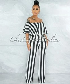 Vendor-unknown Masalda Black White Stripes Ruffle Off-The Shoulder Jumpsuit
