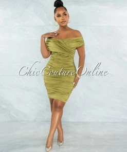 Vendor-unknown Taraneh Olive Green Draped Crossed Neckline Midi Dress JUST IN