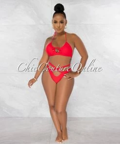 Chic Couture Online Jada Red Key-Hole Halter Two Piece Bikini Set JUST IN