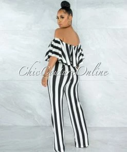 Vendor-unknown Masalda Black White Stripes Ruffle Off-The Shoulder Jumpsuit