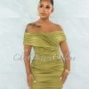 Vendor-unknown Taraneh Olive Green Draped Crossed Neckline Midi Dress JUST IN