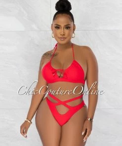 Chic Couture Online Jada Red Key-Hole Halter Two Piece Bikini Set JUST IN