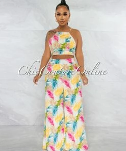 Vendor-unknown JUST IN Doherty Ivory Multi-Color Print Wide Pants Set