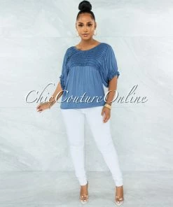 Vendor-unknown JUST IN Hollis Steel Blue Pleated Accent Shift Blouse