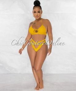 Chic Couture Online Jada Mustard Key-Hole Halter Two Piece Bikini Set JUST IN