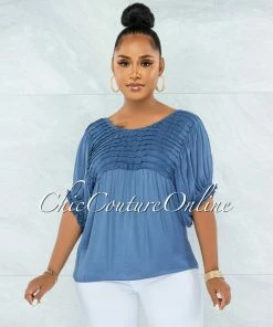 Vendor-unknown JUST IN Hollis Steel Blue Pleated Accent Shift Blouse