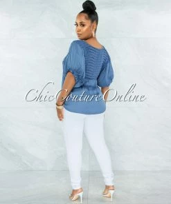 Vendor-unknown JUST IN Hollis Steel Blue Pleated Accent Shift Blouse