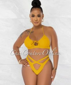 Chic Couture Online Jada Mustard Key-Hole Halter Two Piece Bikini Set JUST IN