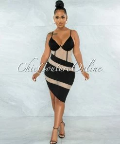 Vendor-unknown JUST IN Moriah Black Nude Mesh Accent Asymmetrical Hem Dress
