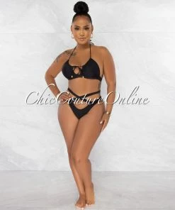 Chic Couture Online JUST IN Jada Black Key-Hole Halter Two Piece Bikini Set