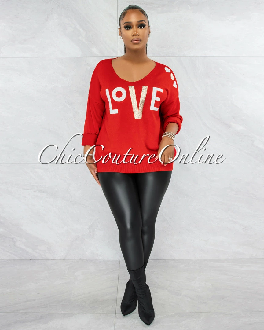 Vendor-unknown Lovely Red Gold White Graphic Knit Sweater