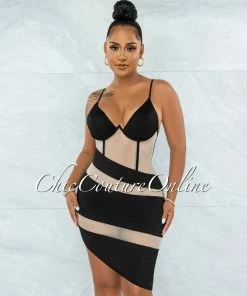 Vendor-unknown JUST IN Moriah Black Nude Mesh Accent Asymmetrical Hem Dress
