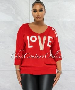 Vendor-unknown Lovely Red Gold White Graphic Knit Sweater