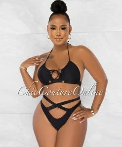 Chic Couture Online JUST IN Jada Black Key-Hole Halter Two Piece Bikini Set