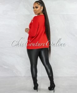 Vendor-unknown Lovely Red Gold White Graphic Knit Sweater