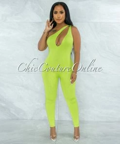 Vendor-unknown JUST IN Nelson Lime Green Key-Hole Neckline Double Lined Jumpsuit