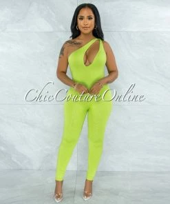 Vendor-unknown JUST IN Nelson Lime Green Key-Hole Neckline Double Lined Jumpsuit