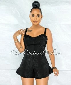 Vendor-unknown JUST IN Yolanda Black Snake Texture Lace-Up Top & Shorts Set
