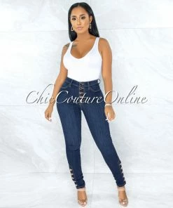 Vendor-unknown Dembe Dark Denim Rose Gold Buttons High Waist Skinny Jeans JUST IN