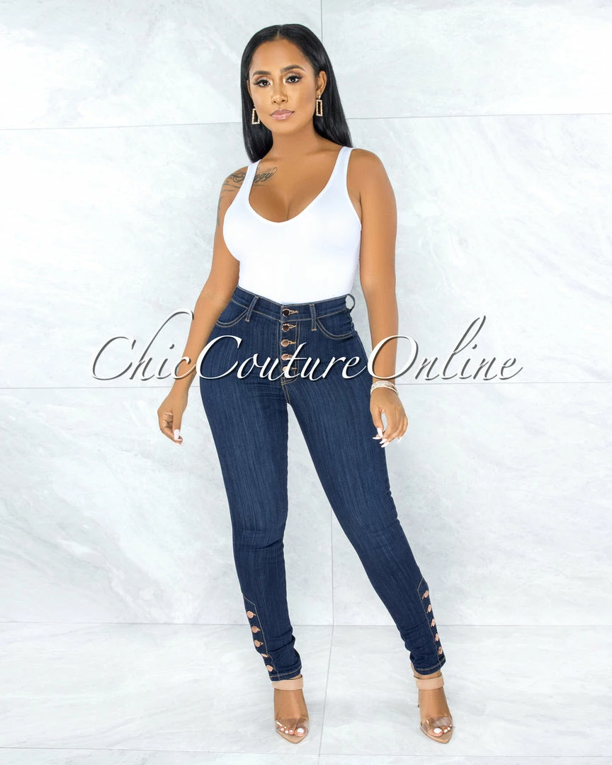 Vendor-unknown Dembe Dark Denim Rose Gold Buttons High Waist Skinny Jeans JUST IN