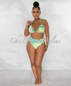 Chic Couture Online Clark Green Retro Print Halter Two Piece Bikini Set JUST IN