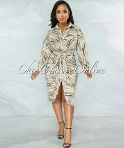 Vendor-unknown Olwen Nude Taupe Print Draped Front Tie Shirt Dress JUST IN