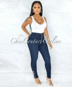 Vendor-unknown Dembe Dark Denim Rose Gold Buttons High Waist Skinny Jeans JUST IN