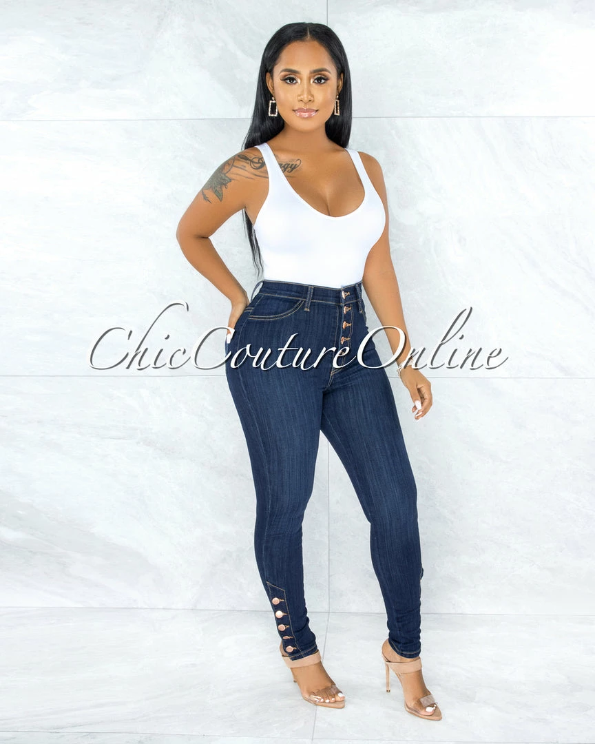 Vendor-unknown Dembe Dark Denim Rose Gold Buttons High Waist Skinny Jeans JUST IN