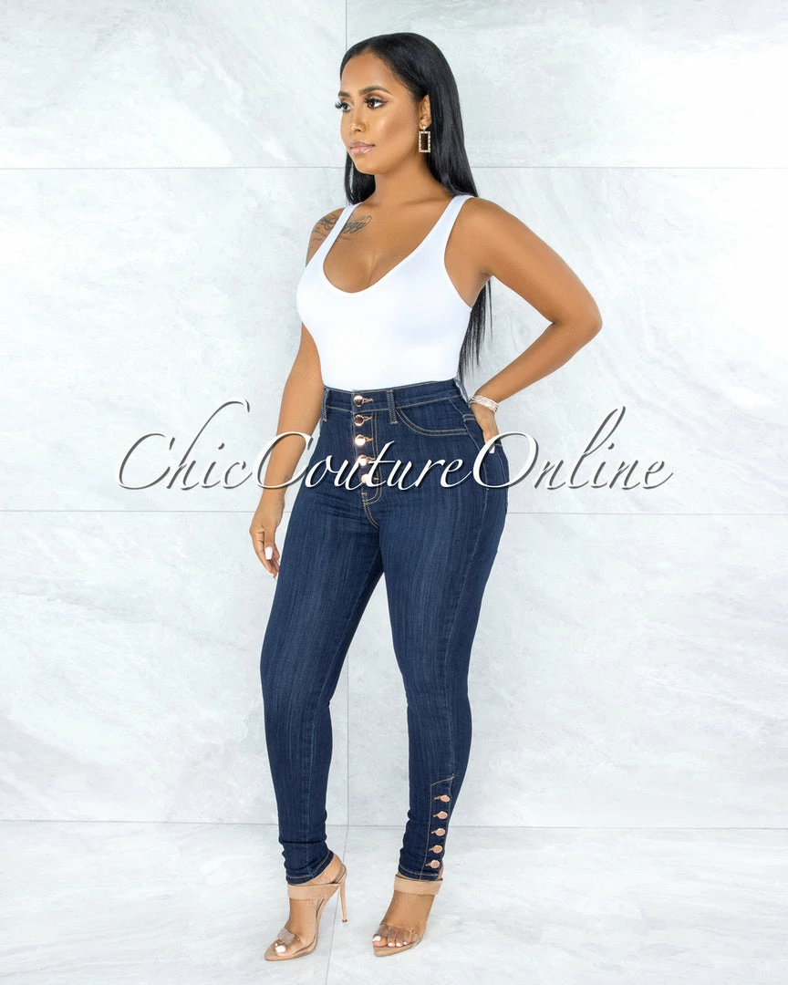 Vendor-unknown Dembe Dark Denim Rose Gold Buttons High Waist Skinny Jeans JUST IN