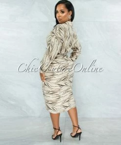 Vendor-unknown Olwen Nude Taupe Print Draped Front Tie Shirt Dress JUST IN