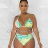 Chic Couture Online Clark Green Retro Print Halter Two Piece Bikini Set JUST IN
