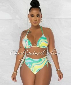 Chic Couture Online Clark Green Retro Print Halter Two Piece Bikini Set JUST IN