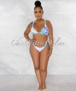 Chic Couture Online Dwana Baby Blue Lilac Tie-Dye Strappy Bikini Set