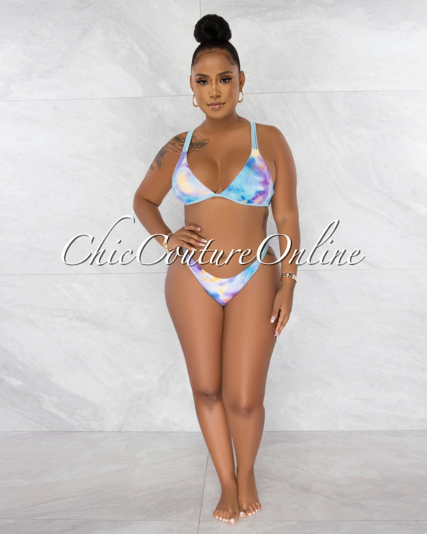 Chic Couture Online Dwana Baby Blue Lilac Tie-Dye Strappy Bikini Set