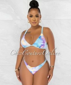Chic Couture Online Dwana Baby Blue Lilac Tie-Dye Strappy Bikini Set