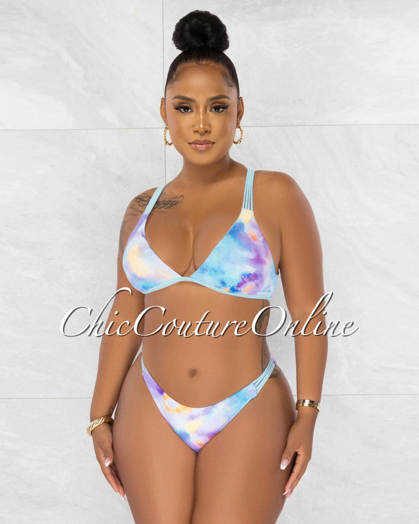Chic Couture Online Dwana Baby Blue Lilac Tie-Dye Strappy Bikini Set