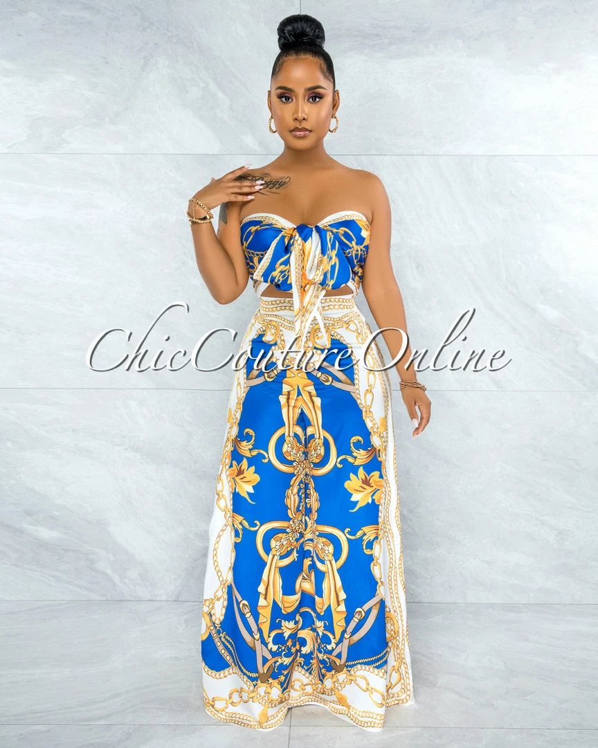 Vendor-unknown Severa Royal Blue Gold Print Multi-Way Top & Wide Legs Set JUST IN