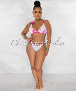 Chic Couture Online JUST IN Dwana Hot Pink Lilac Tie-Dye Strappy Bikini Set