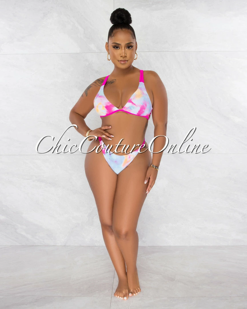 Chic Couture Online JUST IN Dwana Hot Pink Lilac Tie-Dye Strappy Bikini Set