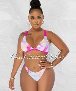 Chic Couture Online JUST IN Dwana Hot Pink Lilac Tie-Dye Strappy Bikini Set