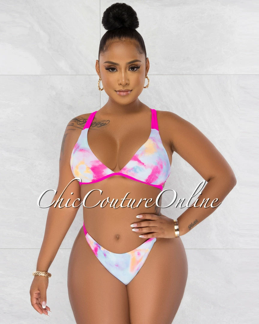 Chic Couture Online JUST IN Dwana Hot Pink Lilac Tie-Dye Strappy Bikini Set