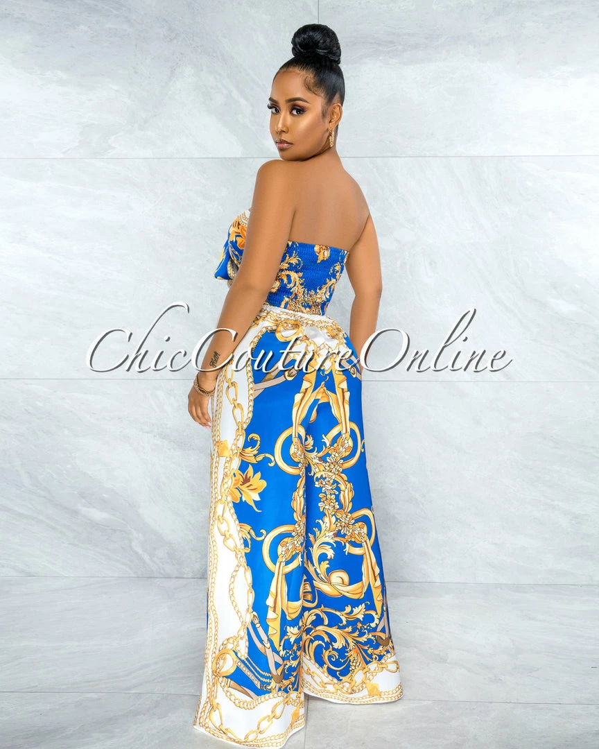 Vendor-unknown Severa Royal Blue Gold Print Multi-Way Top & Wide Legs Set JUST IN
