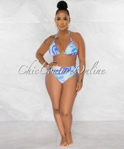 Chic Couture Online Clark Lilac Retro Print Halter Two Piece Bikini Set