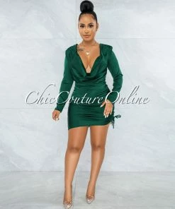 Chic Couture Online Illinois Hunter Green Satin Draped Neck Ruched Dress JUST IN