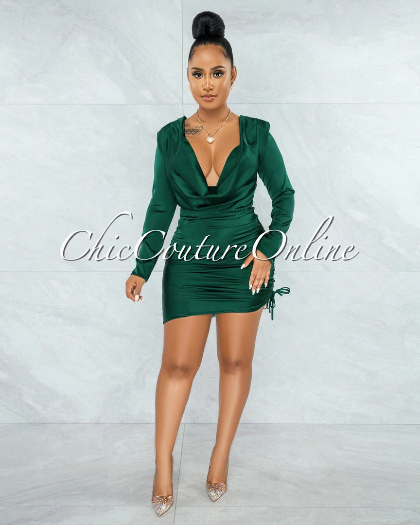 Chic Couture Online Illinois Hunter Green Satin Draped Neck Ruched Dress JUST IN