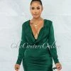 Chic Couture Online Illinois Hunter Green Satin Draped Neck Ruched Dress JUST IN