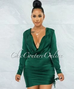 Chic Couture Online Illinois Hunter Green Satin Draped Neck Ruched Dress JUST IN