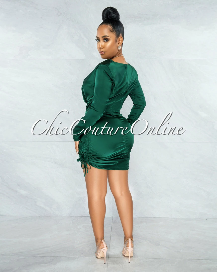 Chic Couture Online Illinois Hunter Green Satin Draped Neck Ruched Dress JUST IN