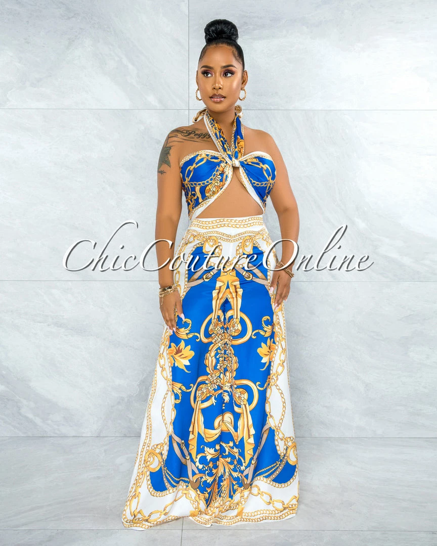 Vendor-unknown Severa Royal Blue Gold Print Multi-Way Top & Wide Legs Set JUST IN