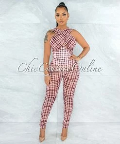 Vendor-unknown Guzett Nude Wine Print Mesh Wired Corset Jumpsuit